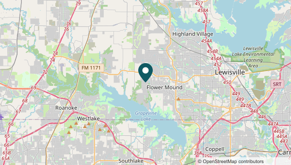 Map of Flower Mound and surrounding towns between Grapevine Lake and Lewisville Lake